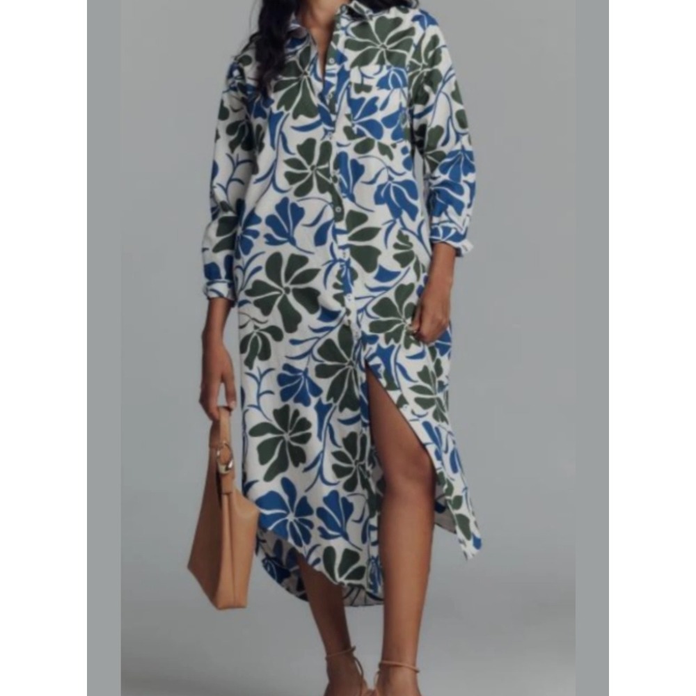 Maeve Long Sleeve Button Shirt Dress Large Petite Tropical Floral Print Preppy